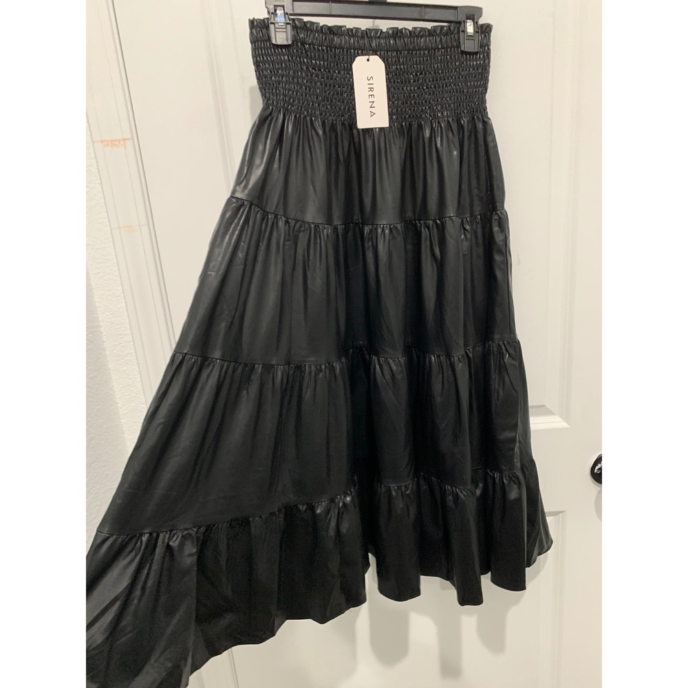 Sirena Black Faux Leather Smocked Tiered Midi Skirt High Waisted New